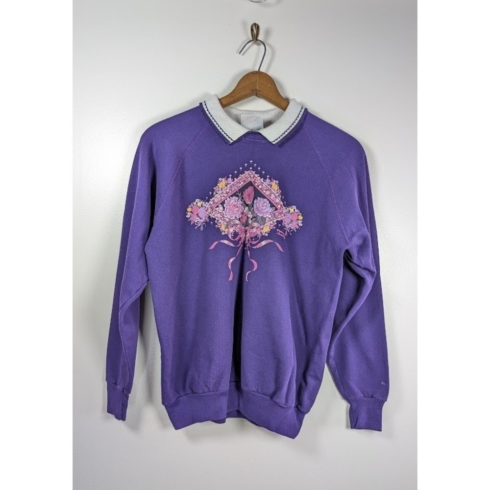Vintage 90s Morning Sun Sweatshirt Collared Women XL Floral Cottagecore Grandma